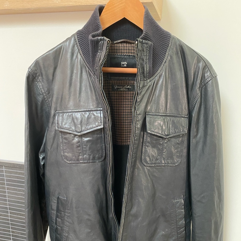 men’s large scotch & soda leather bomber jacket, dark navy blue